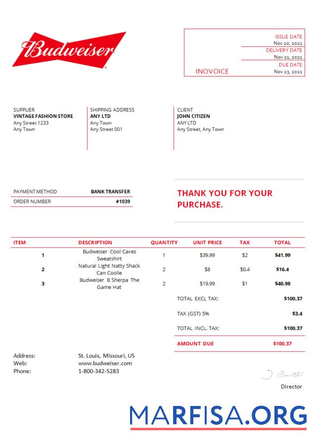 Printable USA Budweiser invoice template
